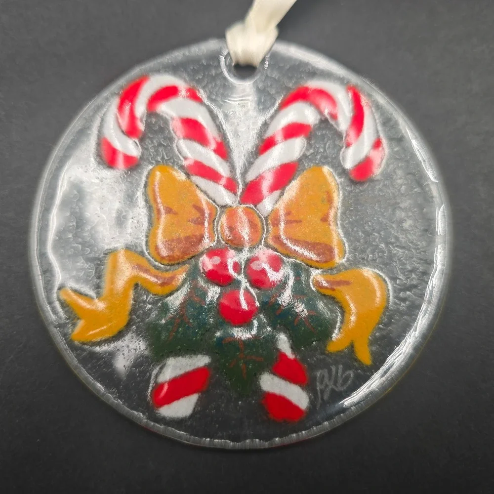 Peggy Karr Glass Candy Cane Holly Fused Glass Christmas Ornament Suncatcher USA